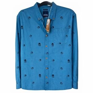 prAna Broderick Slim Shirt L River Rock Blue Conversation Print Button Down NWT